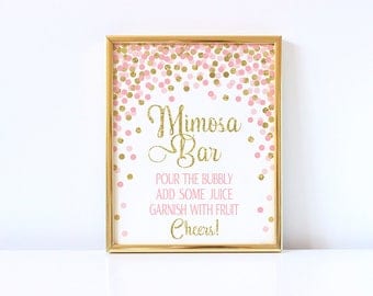 Mimosa Bar Sign Printable Birthday Party Table Sign Bridal Shower Bar Sign Gold And Pink Confetti Mimosa Bar Sign Wedding Sign Pink And Gold