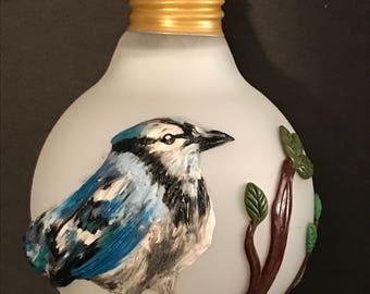 Recycled Light bulb ornament,polymer clay ornament,bird ornament,polymer clay Blue Jay,Blue Jay ornament