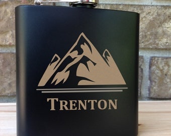 Mountain Peak with Name Engraved Single Flask - Wedding Gift - Bridal Gift - Grooms Gift - SHIPS from the USA