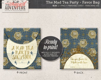 Printable Party Favor Bag, Alice In Wonderland, Mad Tea Party Decorations, Blue and Gold DIY Treat Bag, Mad Hatter, Instant Download