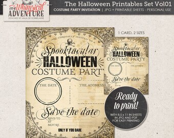 Halloween Costume Party Printables, Instant Download, Party Invitation, Digital Collage Sheet, Victorian Style, Skull, Kids Party Ideas