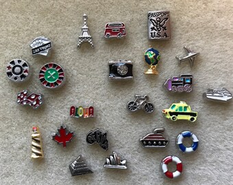 Floating Charms for Memory Lockets Travel Las Vegas Eiffel Tower London Double Decker Red Bus Train Plane Ship Aloha Passport Poker Chip