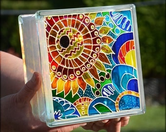 Painted Glass Block / Pop Art Sunflower Gift / Night Light or Sun Catcher / Hand Painted & Recycled / Window Decoration / Garden Ornament