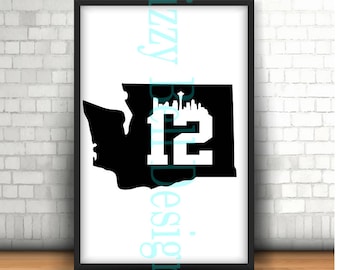 WASHINGTON State Seattle Skyline 12, 12th Man Seahawks, Digital Instant Download SVG Cut Files WA State Pacific Nw, PacNW, Pacific Northwest