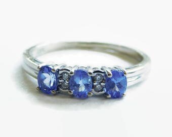 14k White Gold Ring with Iolite and Diamond ~ Anniversary Band ~ Size 6.5 ~ Gift for Her