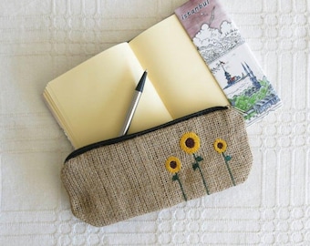 Free Shipping - Eco-friendly Burlap Pencil Case With Sunflower Embroidery