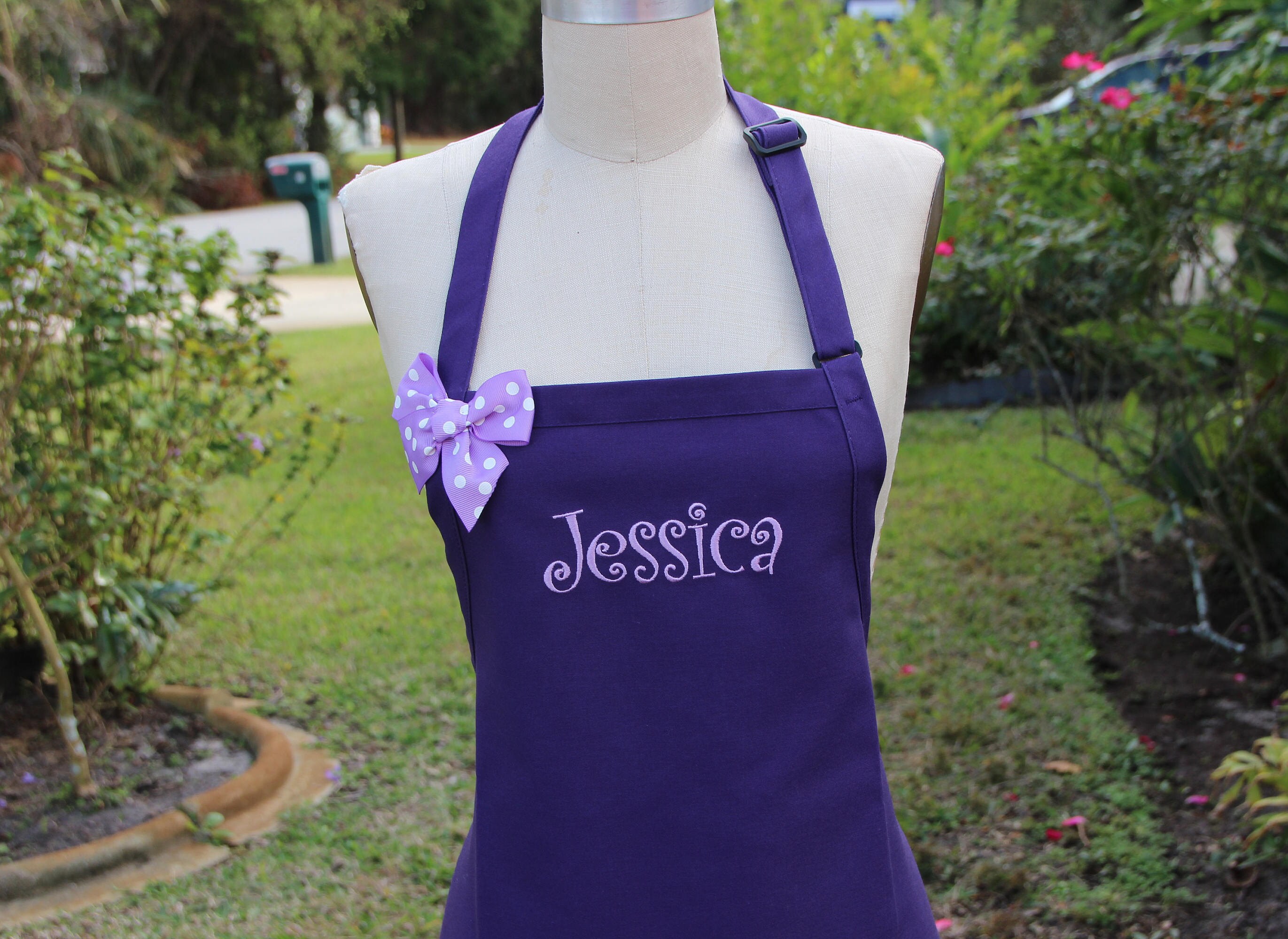 Personalized Purple Apron with Lavender Embroidery thread