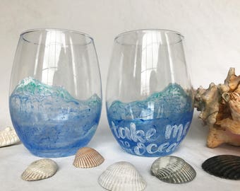 Stemless Wine Glass, Cute Wine Glasses, Stemless Wineglasses, Beach Wine Glass, Decorated Wine Glass, Hand Painted Wine Glass, Ocean Wine