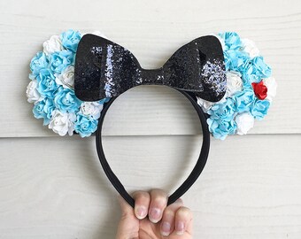 Alice Floral Ears / Alice in Wonderland Disney Disneyland Disneybound / Blue White Black Glitter Bow Headband / Minnie Mickey Mouse Ears