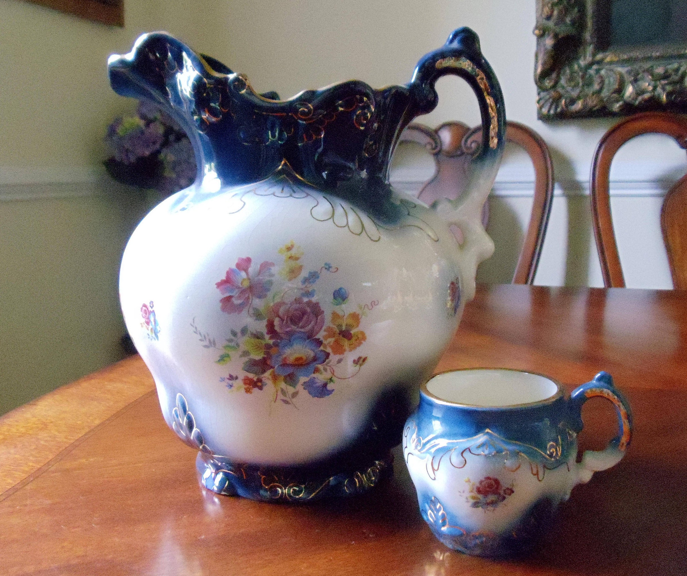 Vintage Imperial Pottery Pitcher & Mug Set Cobalt and Gold