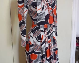 Vintage graphic 1970's psychedelic blue red 10-12 UK secretary dress / vintage 1970's geometric graphic M Red Blue Secretary dress