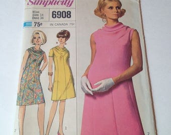 Vintage Simplicity 6908 A-Line Cowl Neck Dress Designer Fashion Size 14 Bust 34