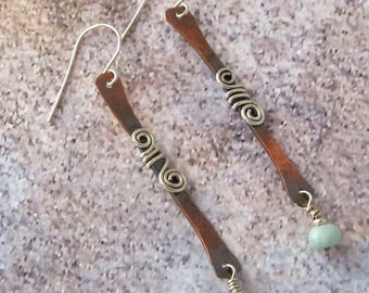 Long copper and sterling earrings with amazonite beads