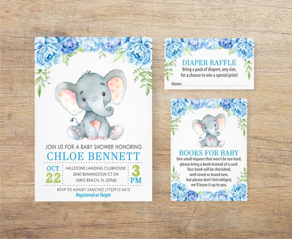 Elephant Invitation Boy Elephant Baby Shower Blue Baby