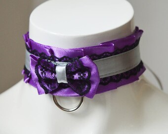 Kitten play collar - Lovely witch - ddlg little princess bdsm proof choker with leash ring - kawaii cute kittenplay purple and grey
