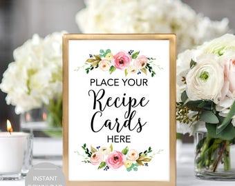 Recipe Card Sign, Recipe Cards Sign, Place Your Recipe Cards Here, Recipe Card Bridal Shower Sign, Recipe Card Sign Instant Download File