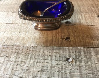 Salts,Salt Cellar, Cobalt Blue Glass Salts, Silver Plate Salts Holder,Salts Spoon