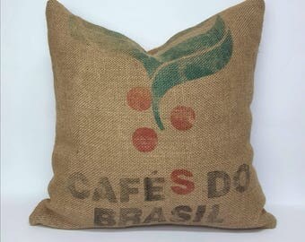 Farmhouse Pillow Case, Boho Pillow, Grain Sack Pillow Cover, Cafes do Brasil Sack Pillow Cover, Burlap Pillow Case, Vintage Pillows