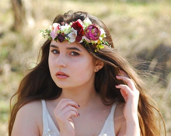 Burgundy flower crown Flower crown Bridal flower wreath Flower headband Wedding flower crown Bridal flower crown Bohemian flower crown Boho