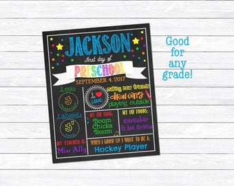 First Day of Preschool Sign, Boy's First Day of Preschool, School Milestone Chart, Printable, Digital Download, Chalkboard Print, Rainbow