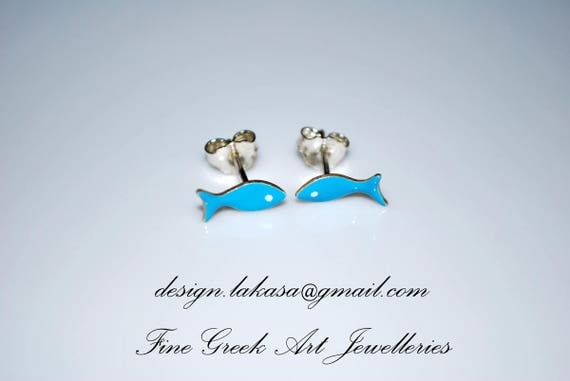 Enamel Fish Stud Earrings Sterling Silver Handmade Jewelry cute girl Kids Collection Baby Moda Woman Girlfriend Summer Greek Baptism Gifts