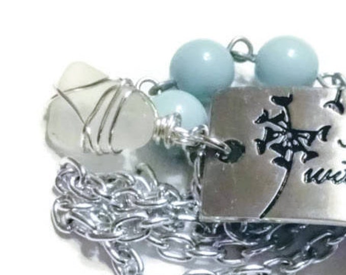 Bracelet Aqua blue bead and silver chain with white beach glass charm - silver medallion - It is Well with My Soul
