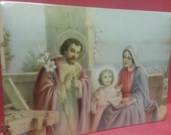 Vintage Celluloid Religious Picture of The Virgin Mary, Saint Joseph and Infant Jesus / Holy Family