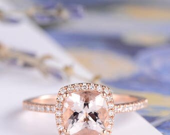 Morganite Engagement Ring Rose Gold Wedding Women Bridal Set Pink Birthday Diamond Cushion Cut Halo Anniversary Gifts For Her Graduation