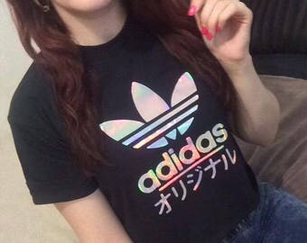 Japan Adidas Spectrum Holographic Logo White Black Unisex Short Sleeved Cropped Tee Crop Top T Shirt