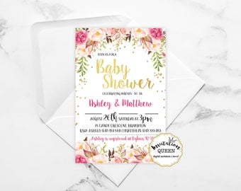 Baby Shower Invitation Girl Pink Floral Gold Sparkle Baby Shower Printable Invitation Girl Babyshower Invitation girl printed baby girl