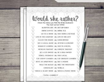 Would She Rather Bridal Shower Game - White Lace Theme Printable Bridal Shower Game - Bachelorette Party Night - Hen Party Game LC72