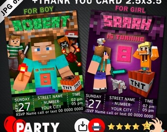 Mine themed birthday invitation +free Thank you card. Mine invitation. Mine craft Party. Mine birthday party. Mine Invite. Pixel Party