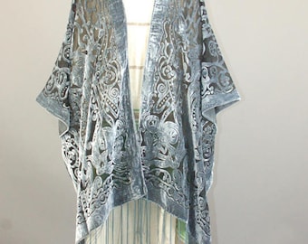 Grey floral burnout velvet fringe tassel handmade kimono jacket One SIze fits all