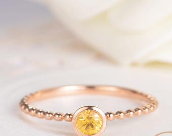 Yellow Sapphire Ring Bezel Set Antique Engagement Ring Gold Stacking Eternity Beaded Retro Mini Thin Birthstone Wedding Bridal Women Gift