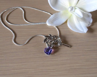 Silver leaf pattern and purple heart pendant necklace