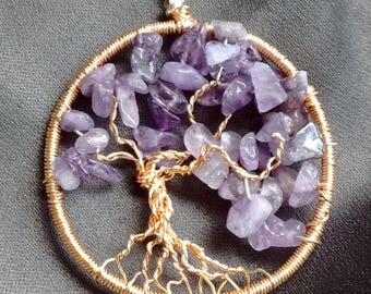 Purple Amethyst Tree Necklace, family tree, tree of life, gemstone, gem stone, semiprecious , semi precious, February birthstone, wire, gold