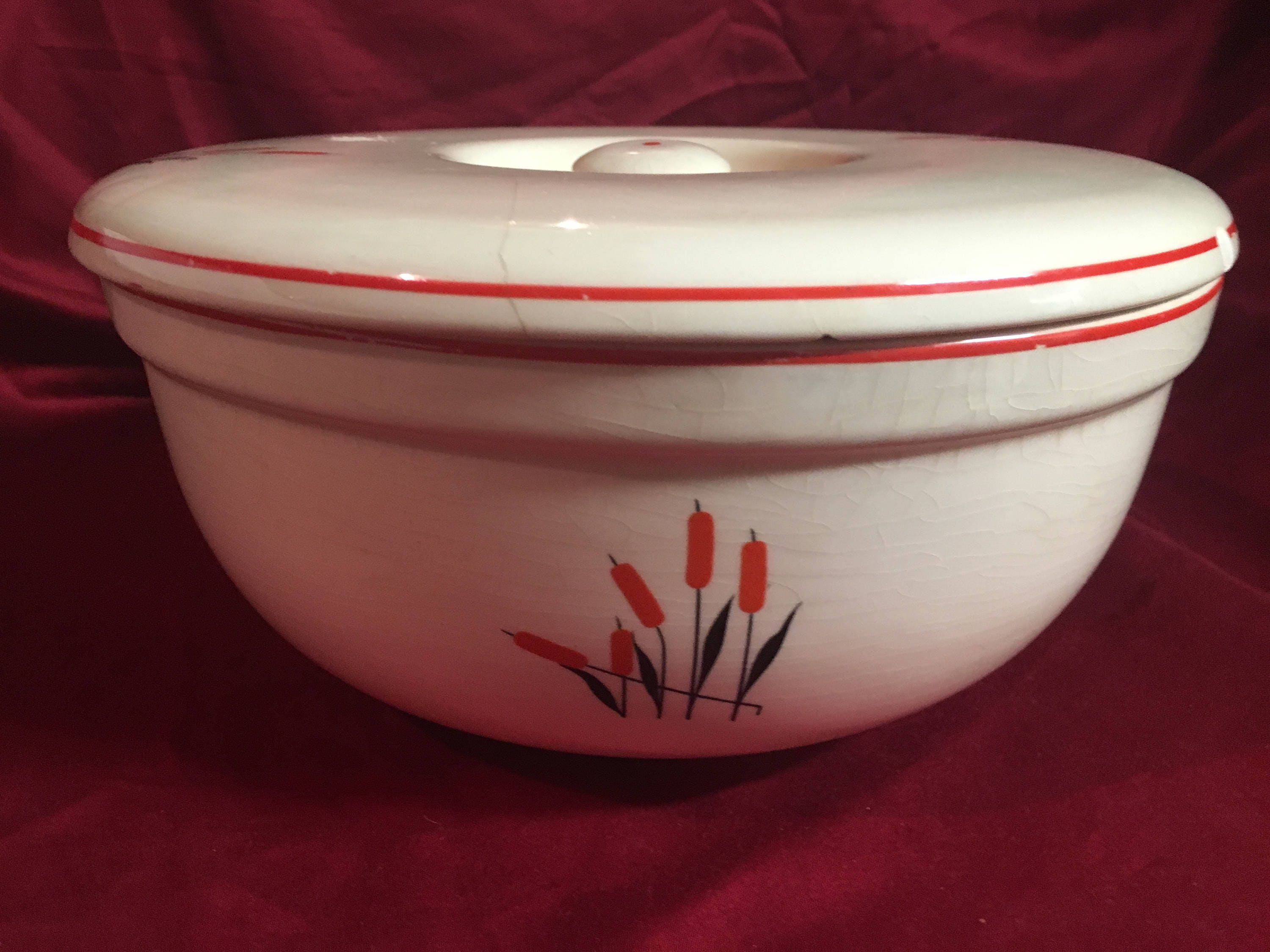 Vintage 1930's Cattail Serving Bowl with Lid Universal Pottery