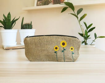 Eco-friendly Burlap Pencil Case With Sunflower Embroidery, cool pencil case, pouch, burlap pouch, cute pencil case