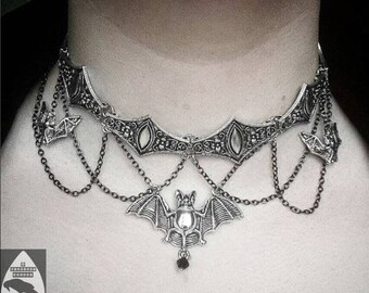 Ornate Silver Gothic Vampire Bat Metal Choker with Chain Detail & Adjustable Length