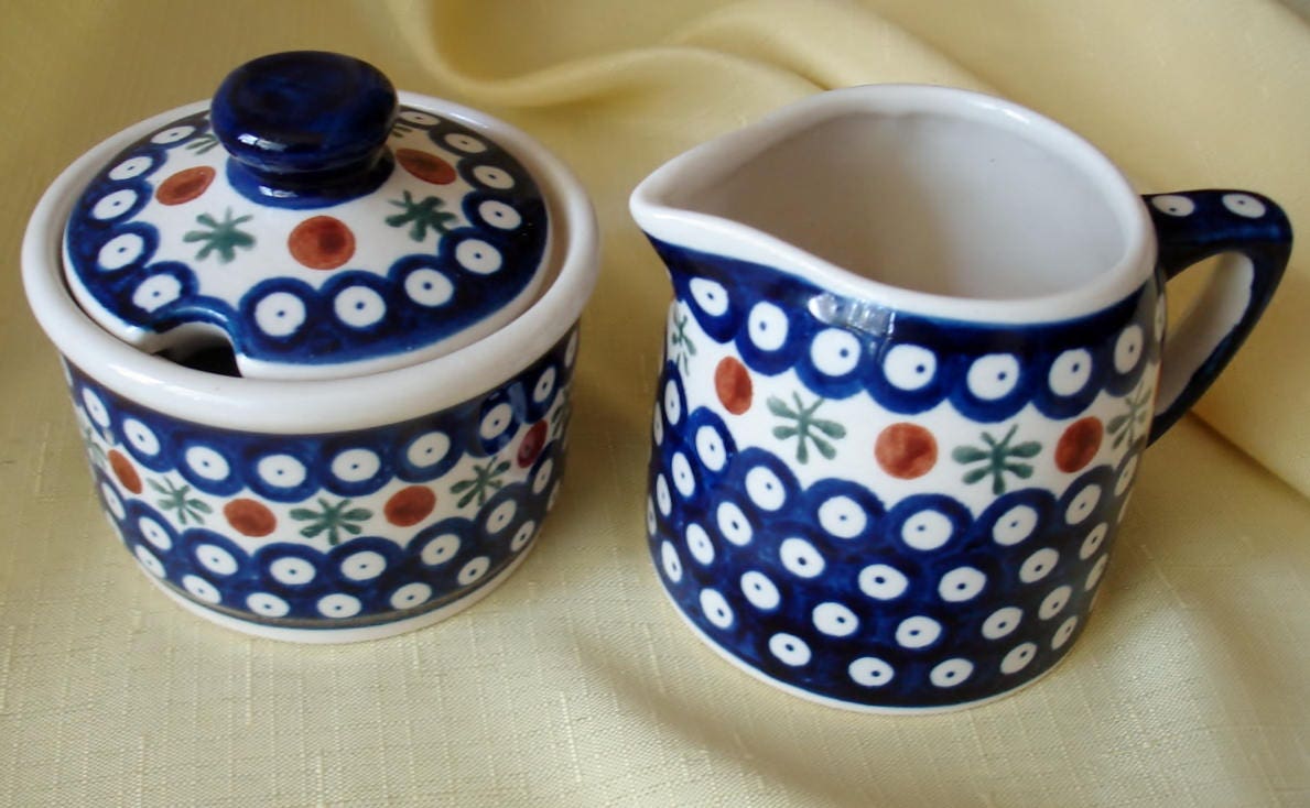 Vintage Boleslawiec Poland Hand Made Pottery Creamer w lidded