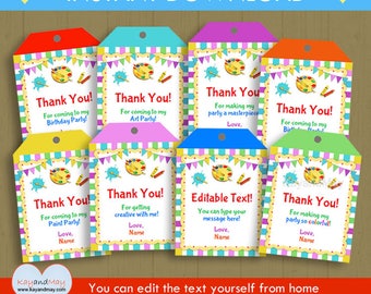 Art Party favor tags paint theme birthday Thank You hang tags - INSTANT DOWNLOAD #P-100 - You can edit text from home with Adobe Reader