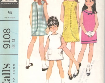 McCalls 9108 1960s Girls 3 Armhole Wrap Arounder Dress Pattern Childs Pre Teen Mod Vintage Sewing Pattern Size 12 Breast 30