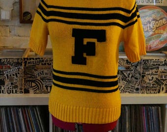 vintage black yellow stripe cheerleader knit top sweater short sleeves letter F varsity