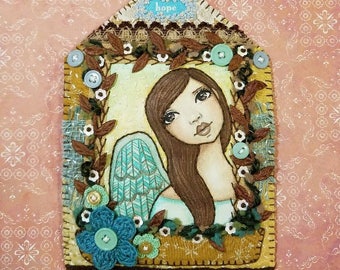 Original Angel Painting Handstitched House Art Quilt by Lisa Lectura