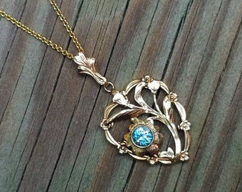 Vintage Retro Moderne heart shaped 10k gold genuine blue zircon pendant necklace signed Esemco Shiman Brothers