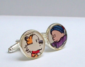 Cuff Links, Calvin and Hobbes, Vintage comic book Calvin and Hobbes comic characters recycled into Silver Plated Cuff Links