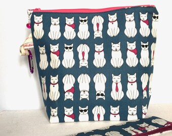 COOL CATS Charcoal project bag, knitting project bag, sock knitting bag, dpns case