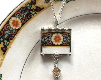 Broken china jewelry, pendant necklace, Art Deco, 1920, floral, antique china, Swarovski crystal bead drop