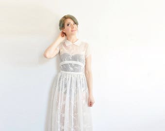 sheer gray mid century dress . peter pan collar . embroidered eyelet detail .extra small.xs .sale