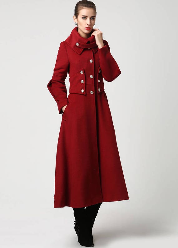 Red wool coat Long coat military Coat maxi coat Womens